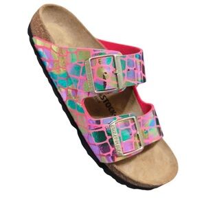 New Birkenstock Arizona Gator Gleam Raspberry Pink Metallic Sandals